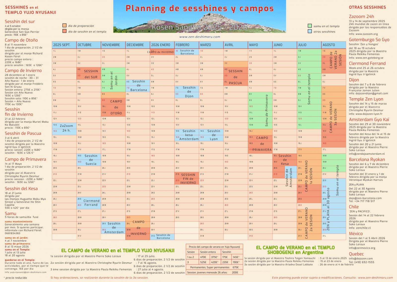 Planning de sesshines de meditacion zen, zazen,  de la Kosen Sangha
