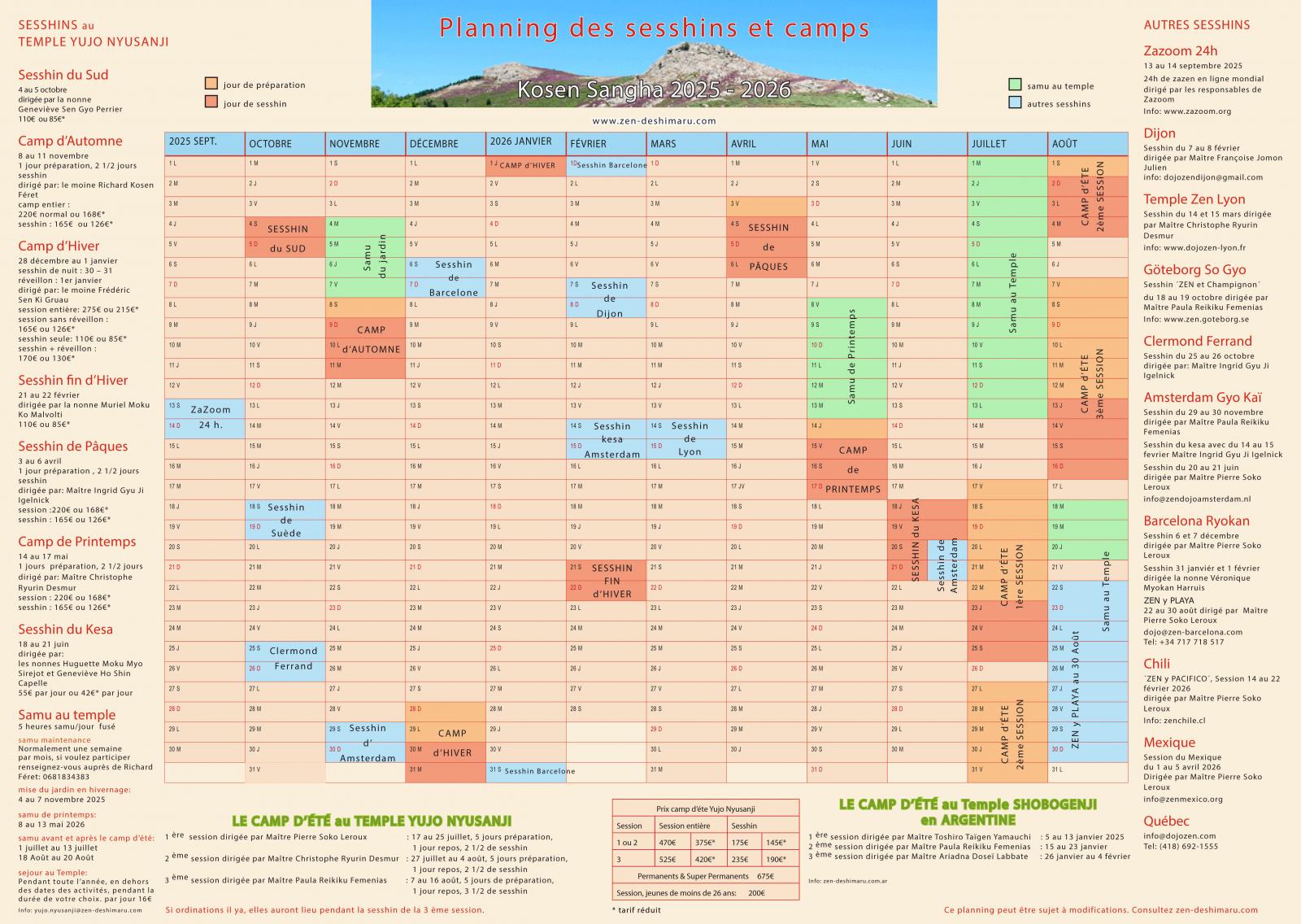 Planning des sesshins de la Kosen Sangha